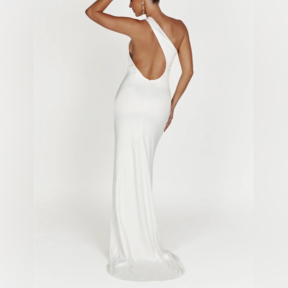 One Shoulder Open Back Gown - White